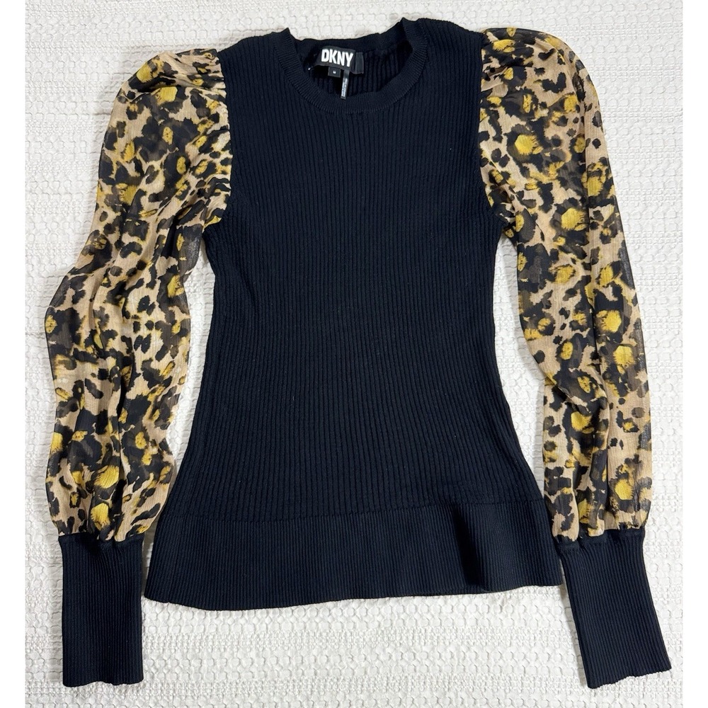 DKNY Women's Medium Black Ribbed Sweater Sheer Bishop Sleeve Leopard Print  (B7)